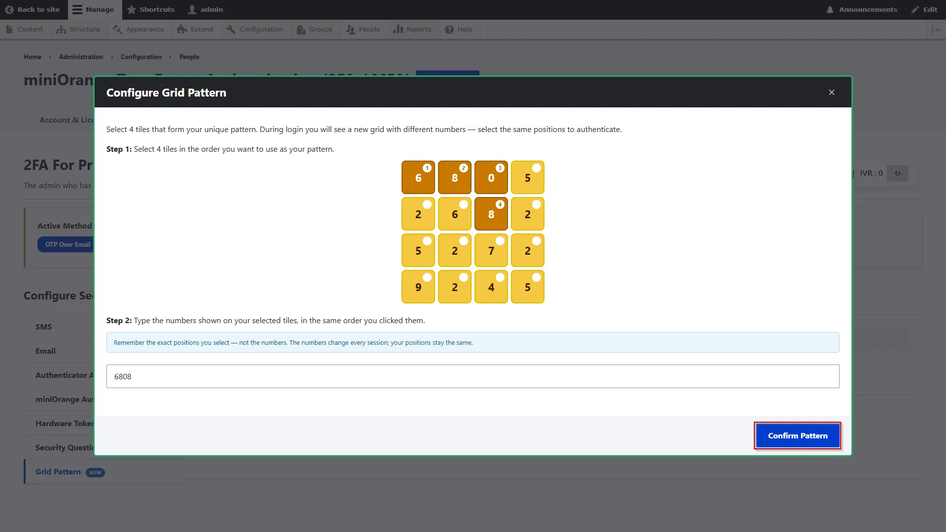 Drupal 2FA Grid Pattern - Click Confirm Pattern