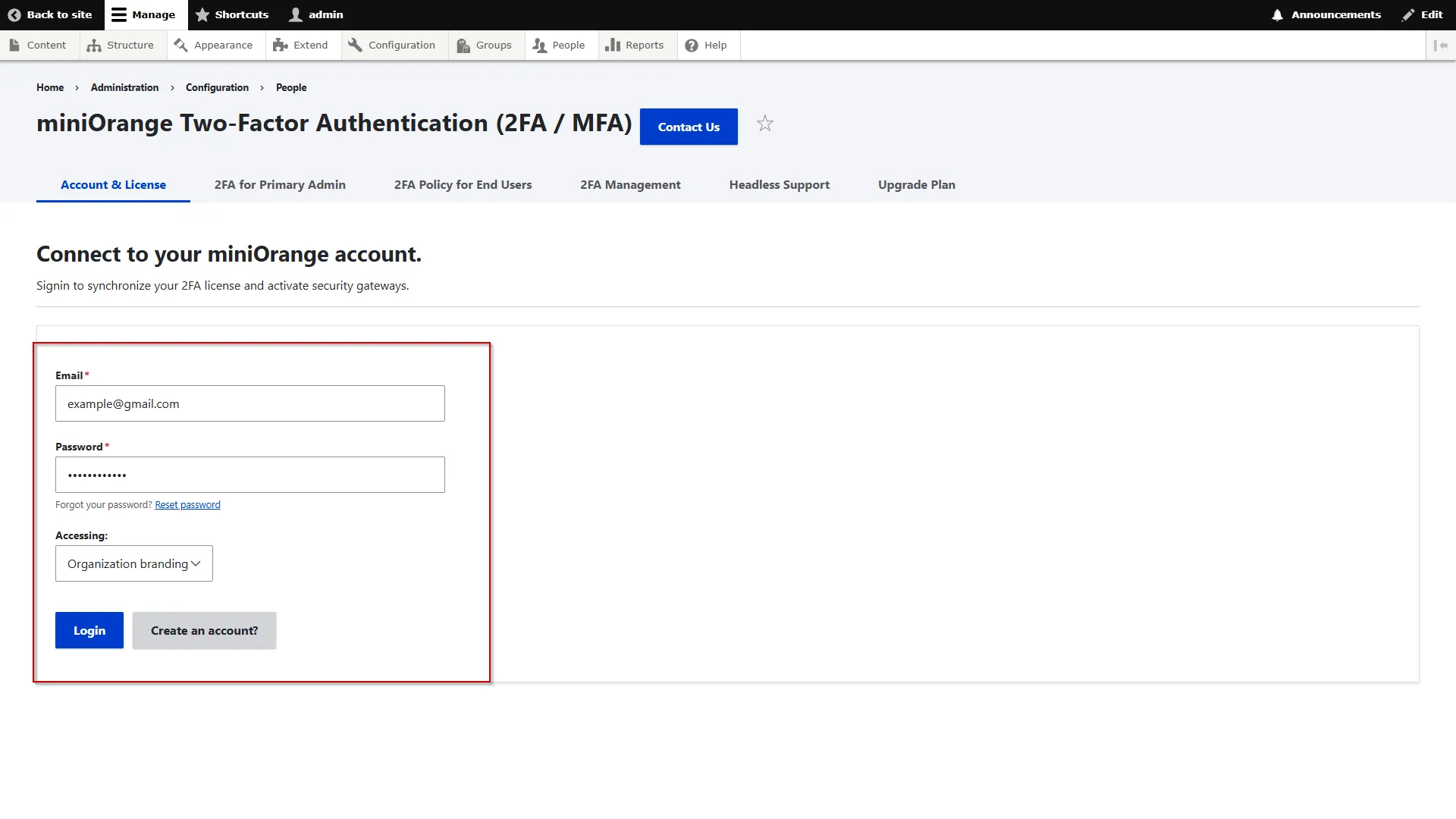 Enter miniOrange account credentials