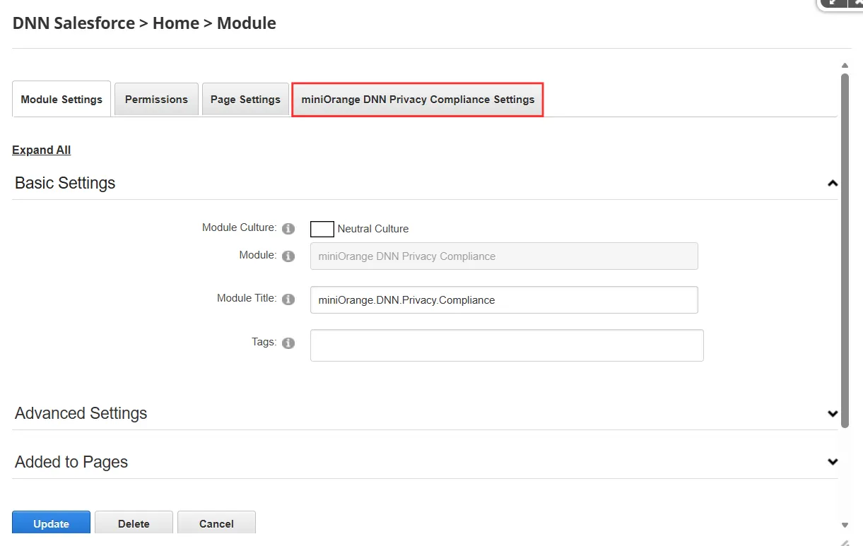 miniOrange DNN Privacy Compliance - Settings