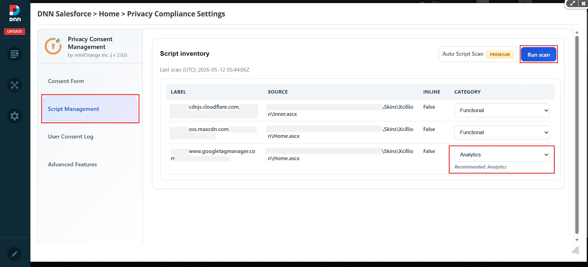 miniOrange DNN Privacy Compliance - Script Management