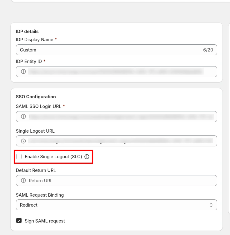 Shopify SSO Single Logout Checkbox