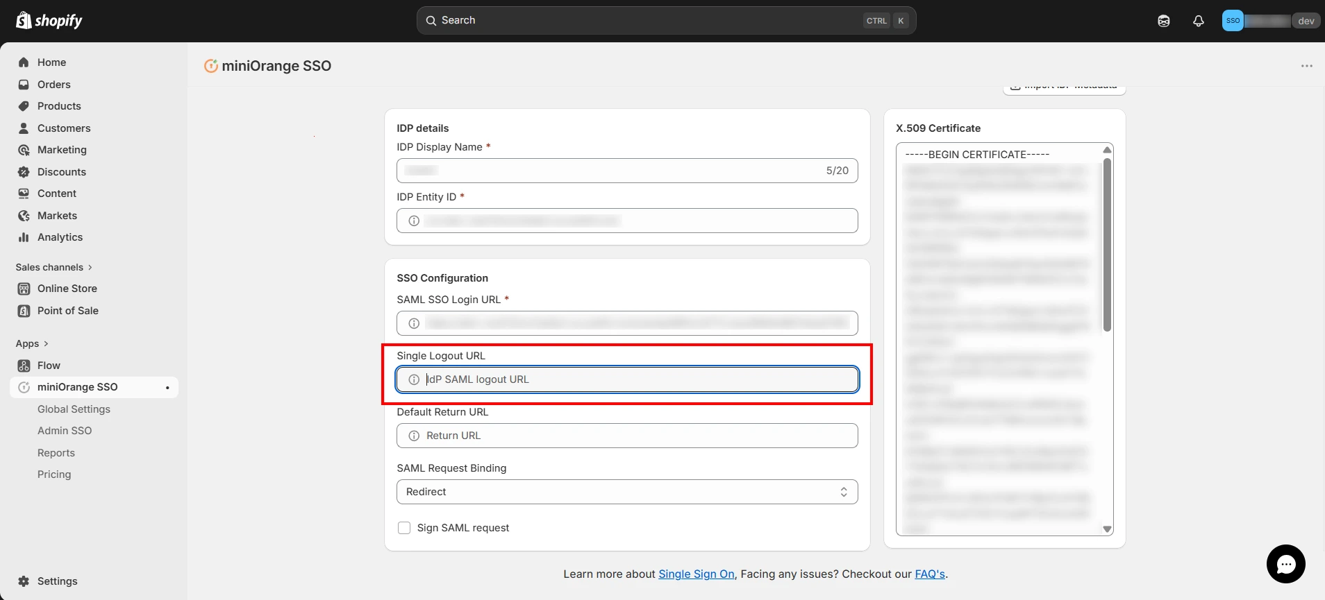 Shopify SSO Single Logout URL