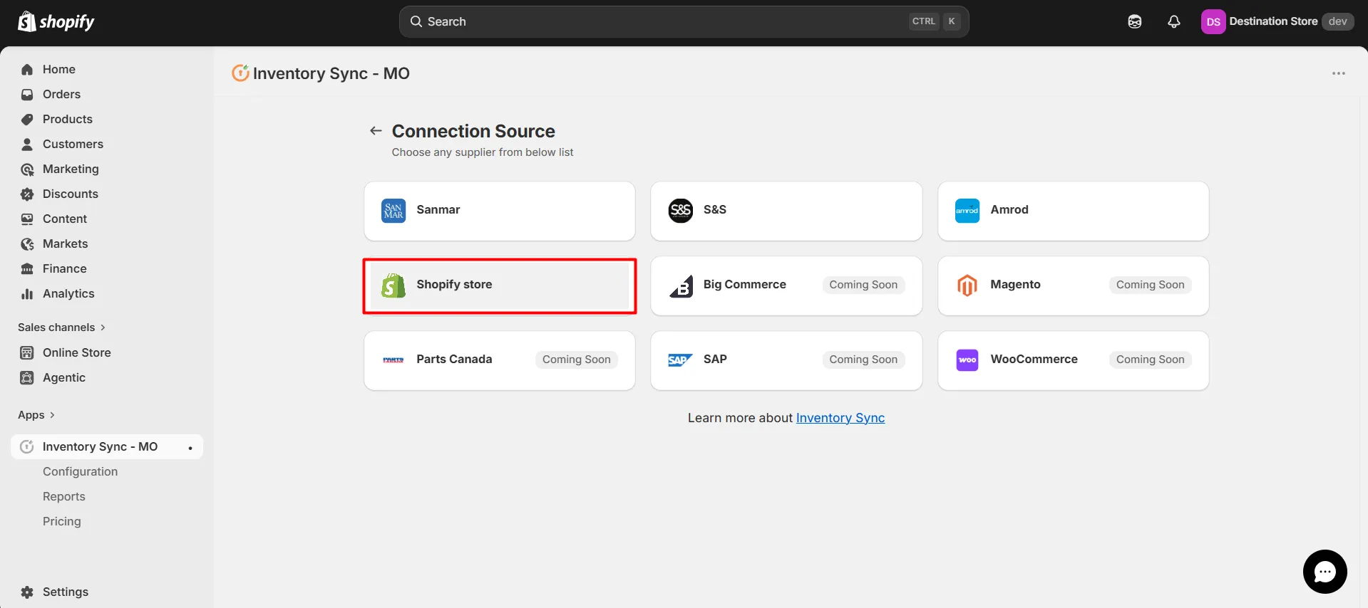 Shopify Inventory Sync MO - Select Shopify as connection source