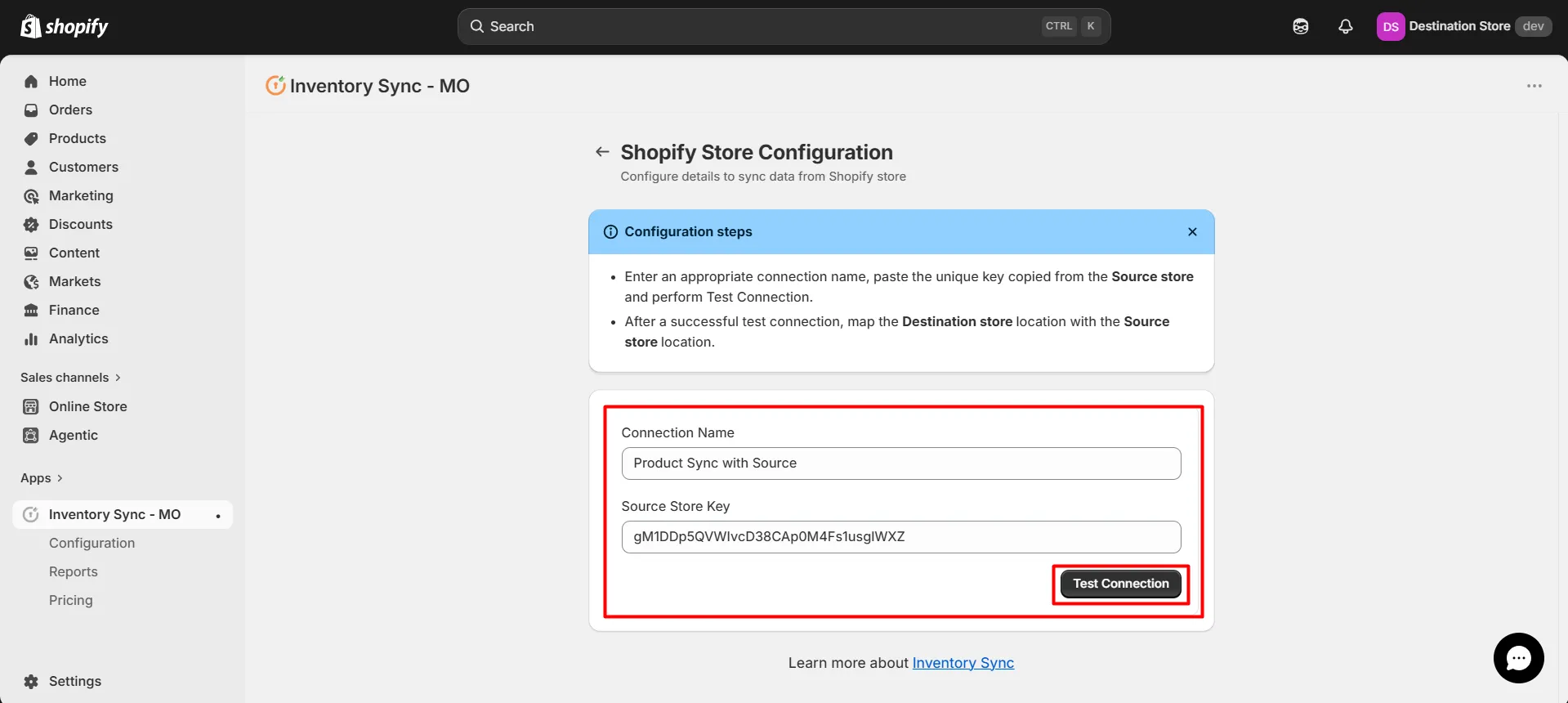 Shopify Inventory Store to Store Sync -Enter Credentials & Test Connection