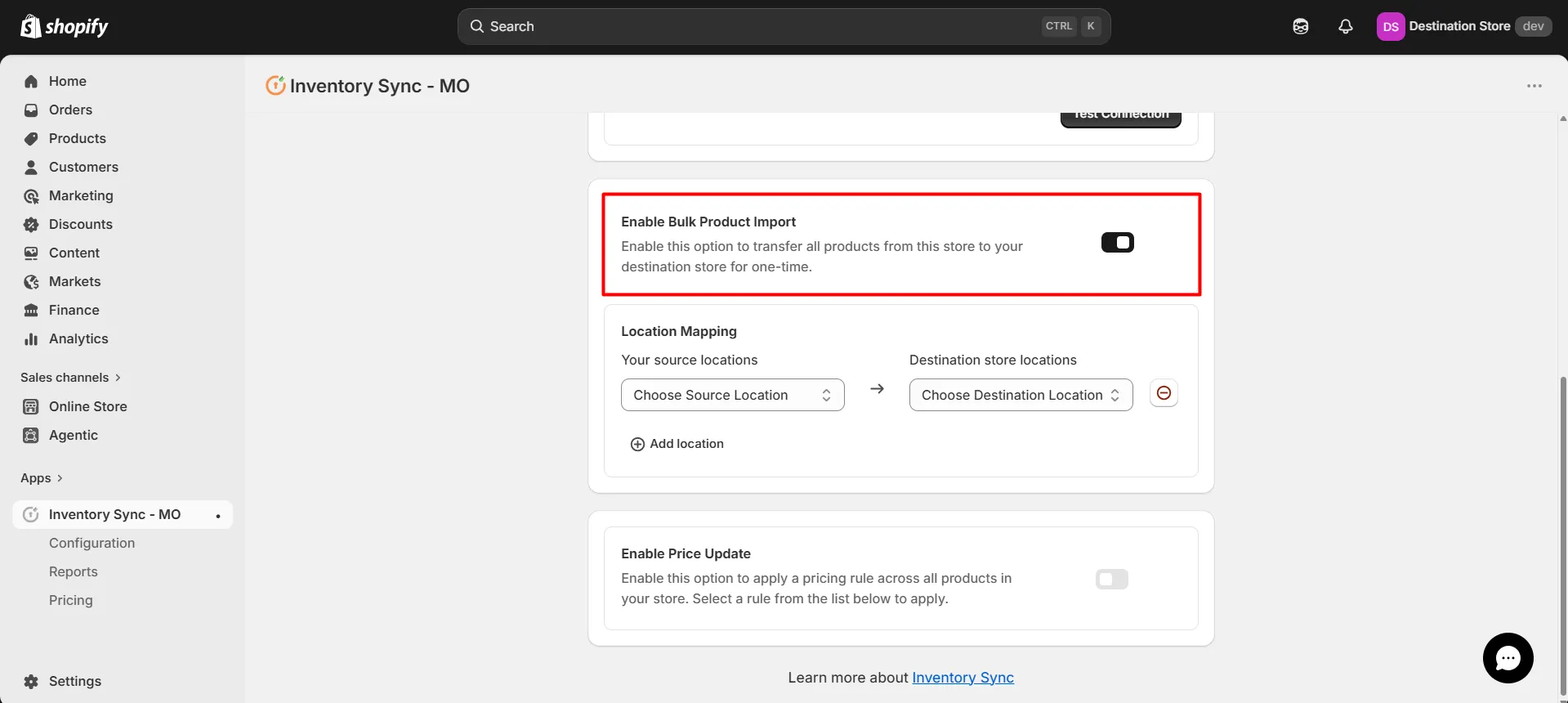 Shopify Inventory Store to Store Sync - Enable Bulk Product