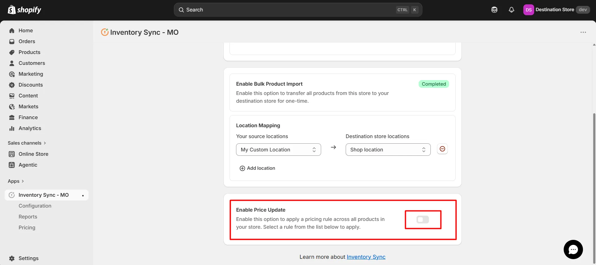 Shopify Inventory Store to Store Sync - Enable price