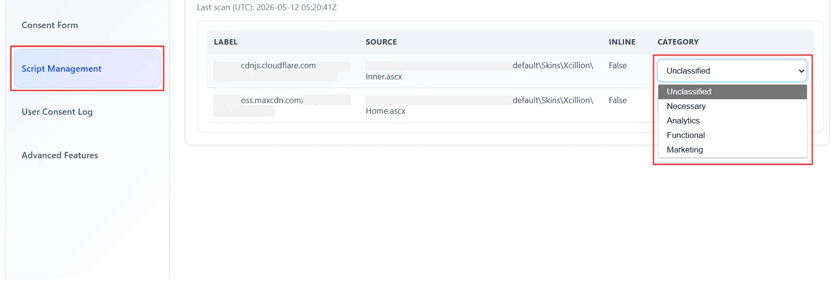 miniOrange DNN Privacy Compliance - Unclassified script category