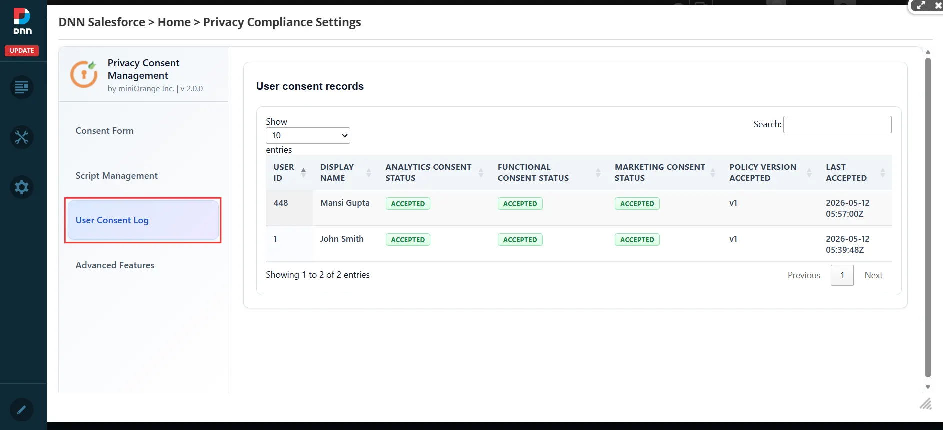 miniOrange DNN Privacy Compliance - User Consent Log