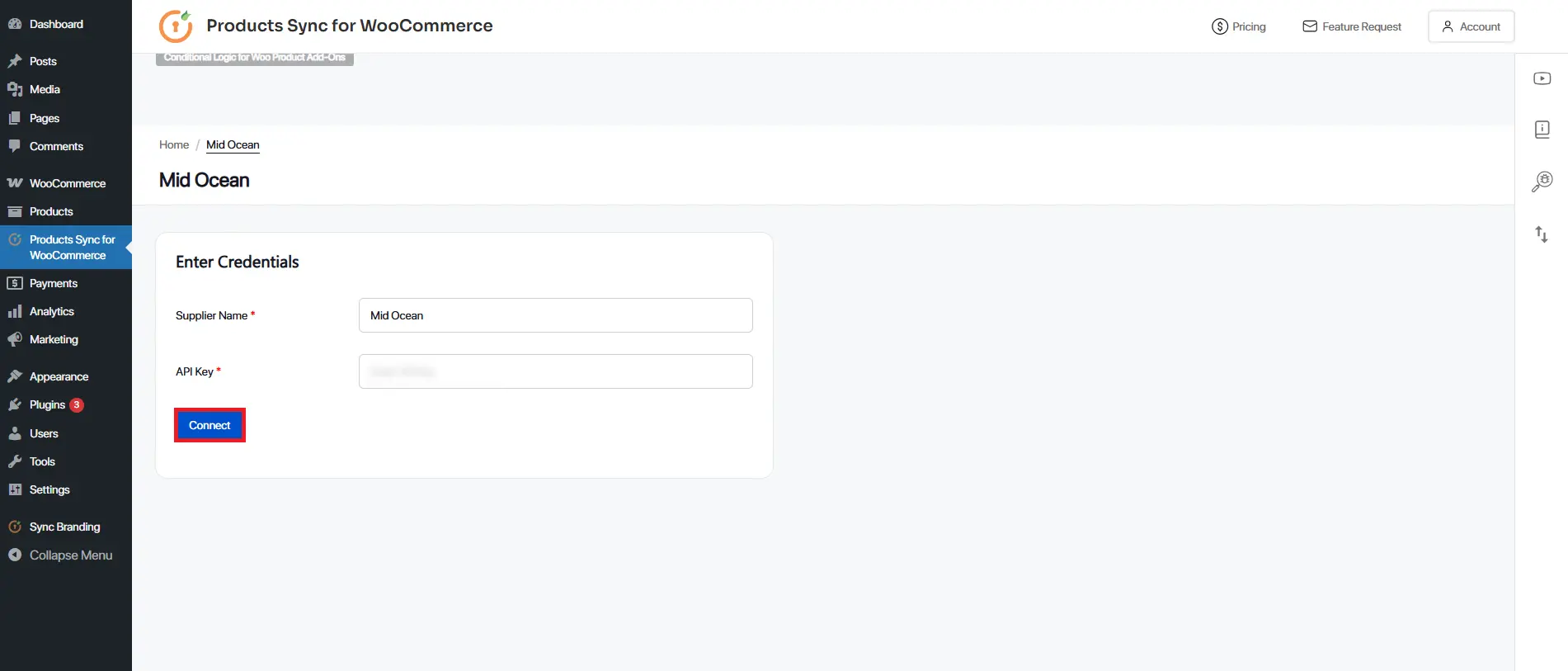 Select midocean application for product synchronization in WooCommerce