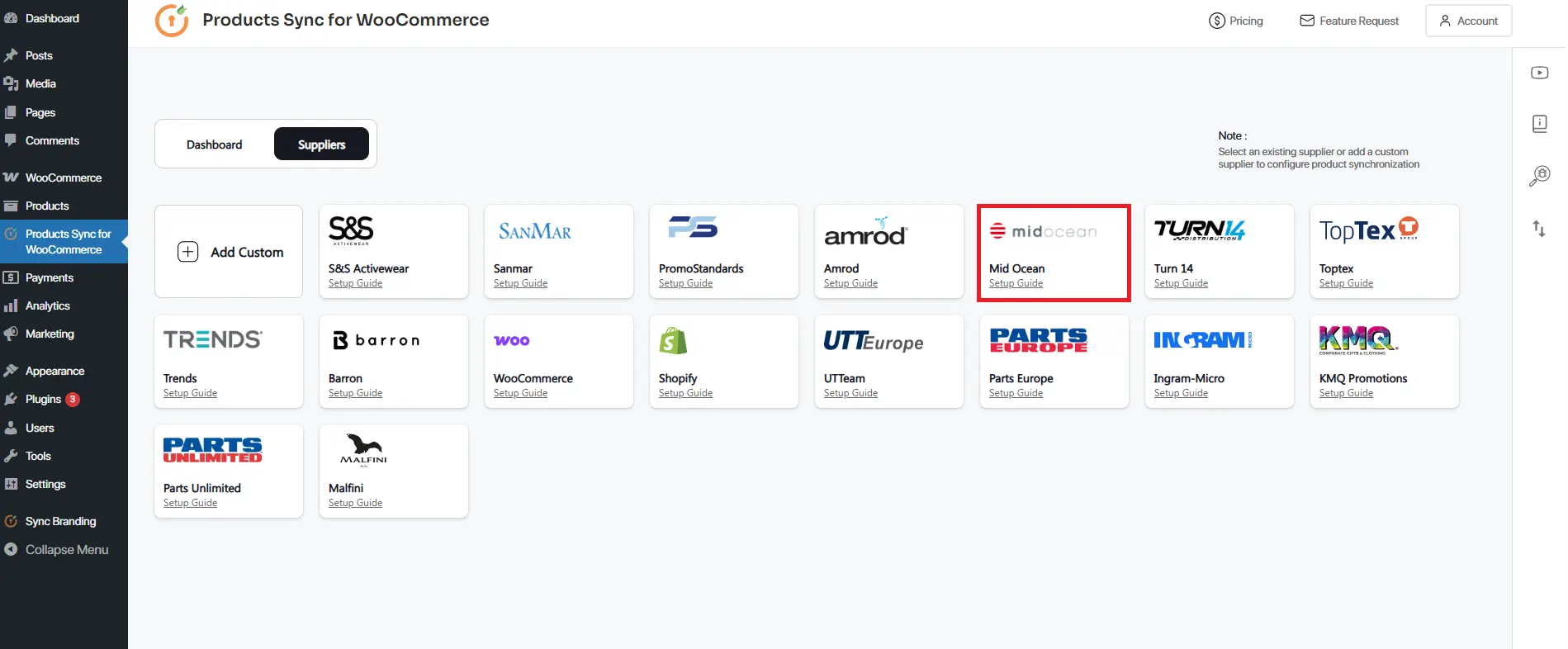 Go to External Supplier tab and click Add Connection button in midocean WooCommerce integration