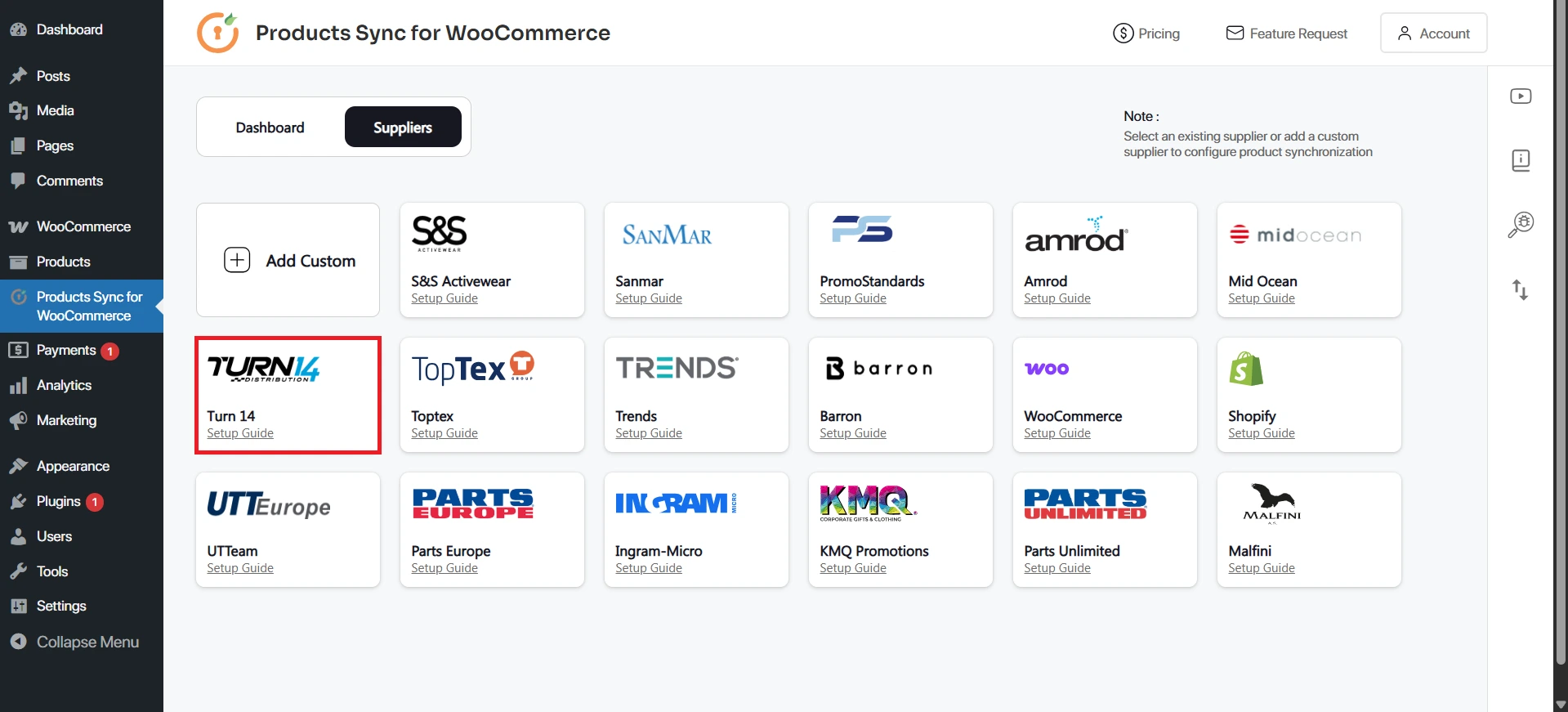 WooCommerce Product Sync - select Turn14 supplier