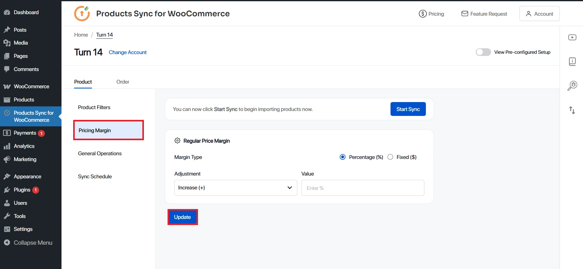 WooCommerce Product Sync - dashboard sync status