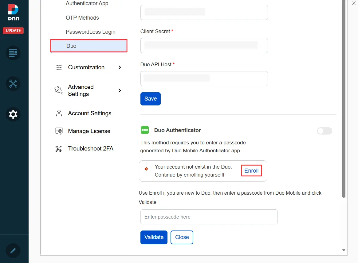 DotNetNuke Two Factor Authentication (2FA) using Duo Authenticator - Enroll
