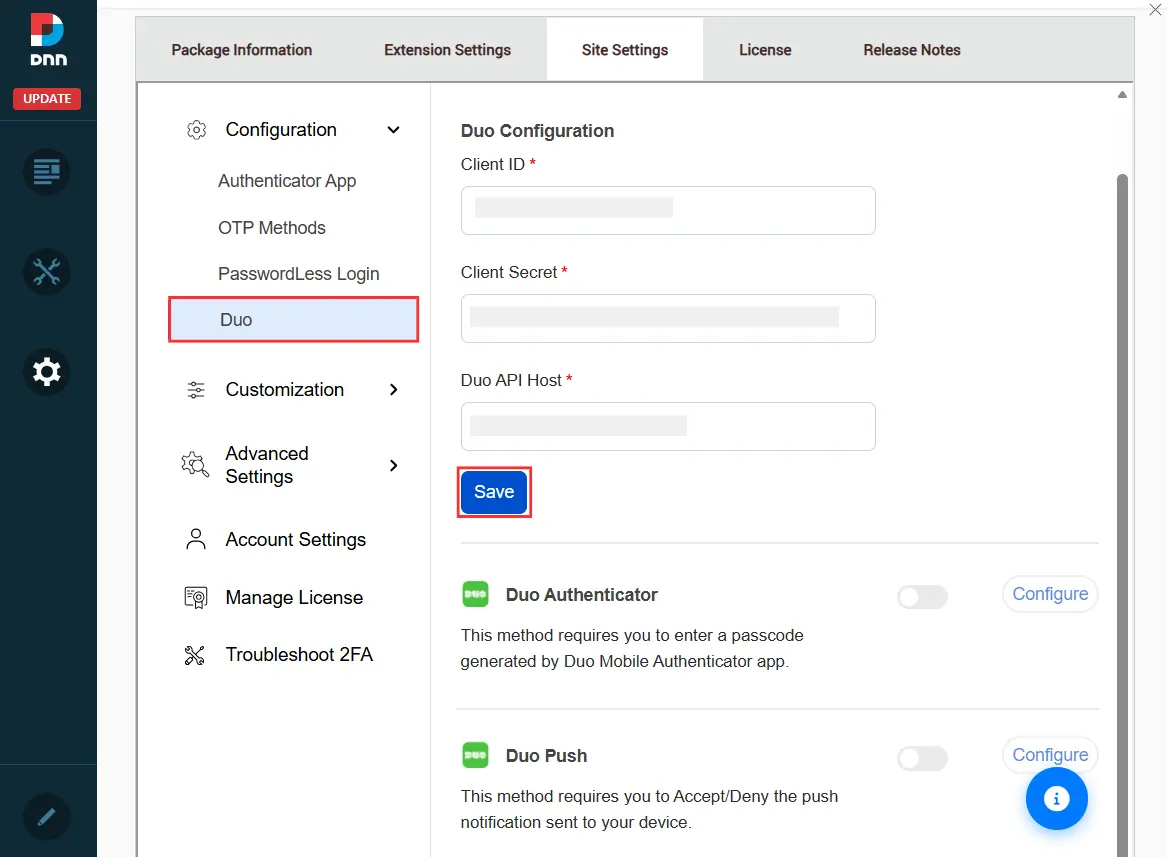 DotNetNuke Two Factor Authentication (2FA) using Duo Authentication Methods - Enter Integration and API key