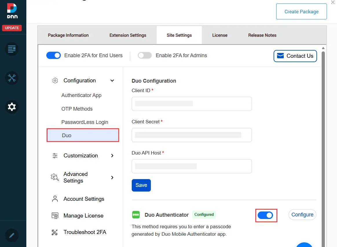 DNN 2FA - Enable Duo Authenticator Toggle