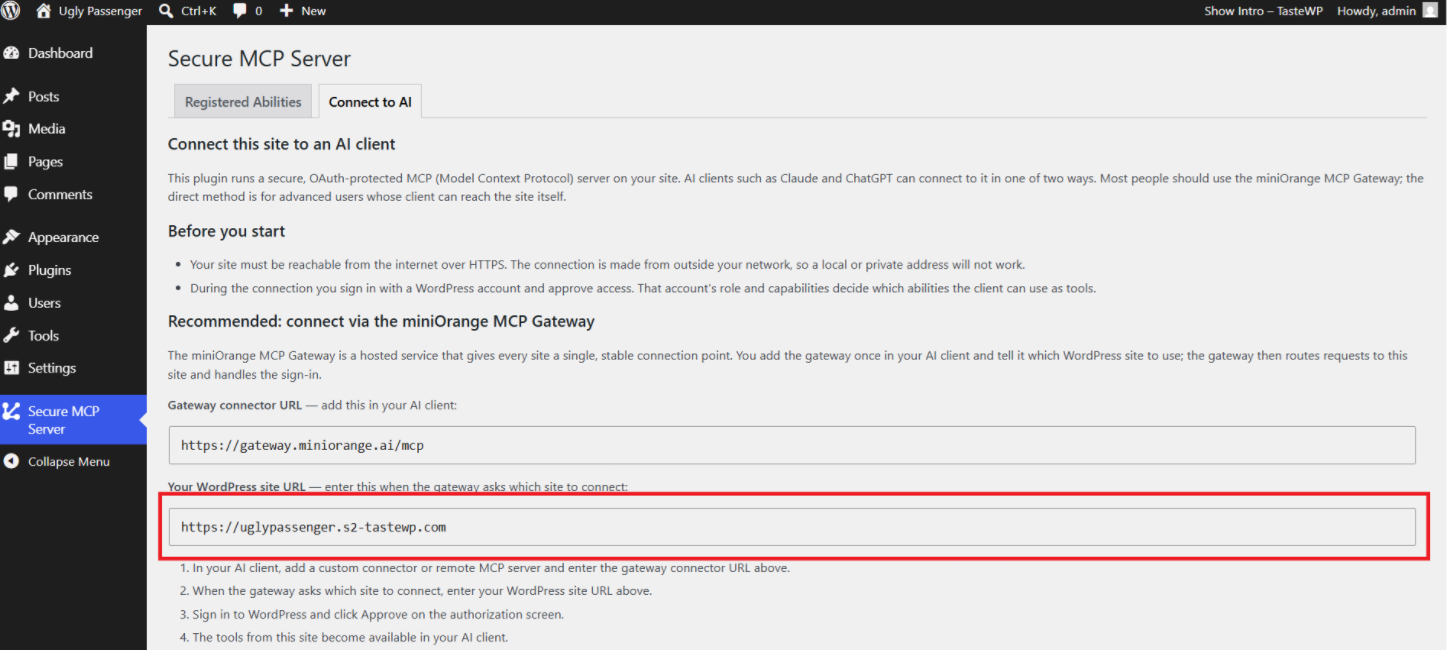 Copy the site URL from the Connect to AI tab in WordPress