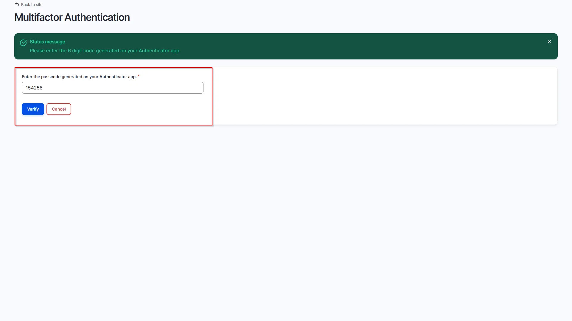 Drupal 2FA - Enter passcode and click verify