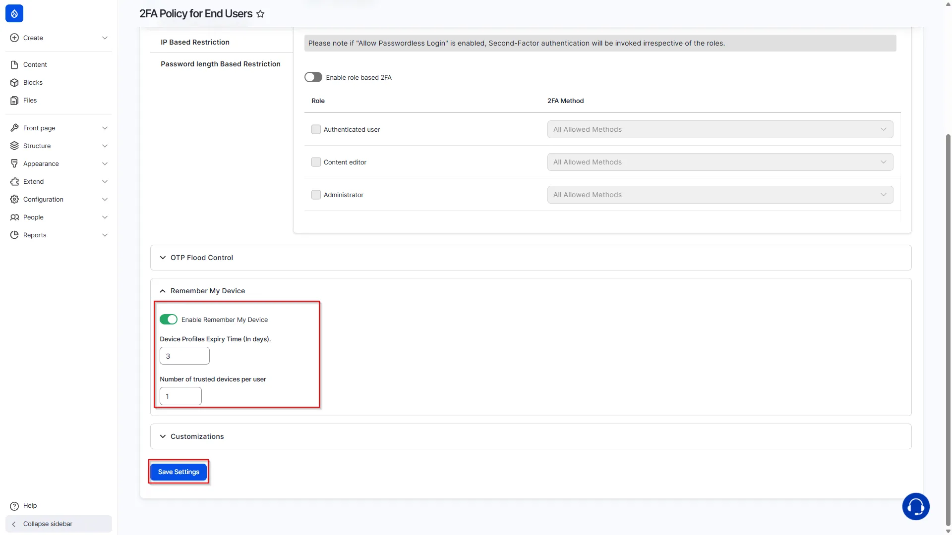 Drupal 2FA Remember My Device Save Settings