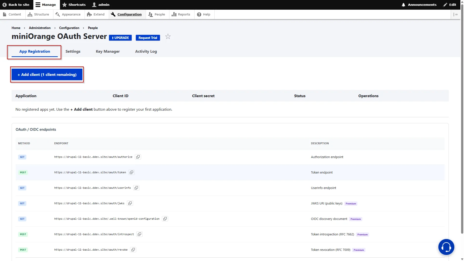 Drupal OAuth Server - Add client