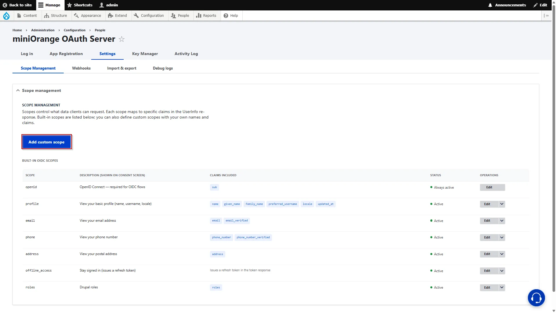 Drupal OAuth Server - Click Add Custom Scope