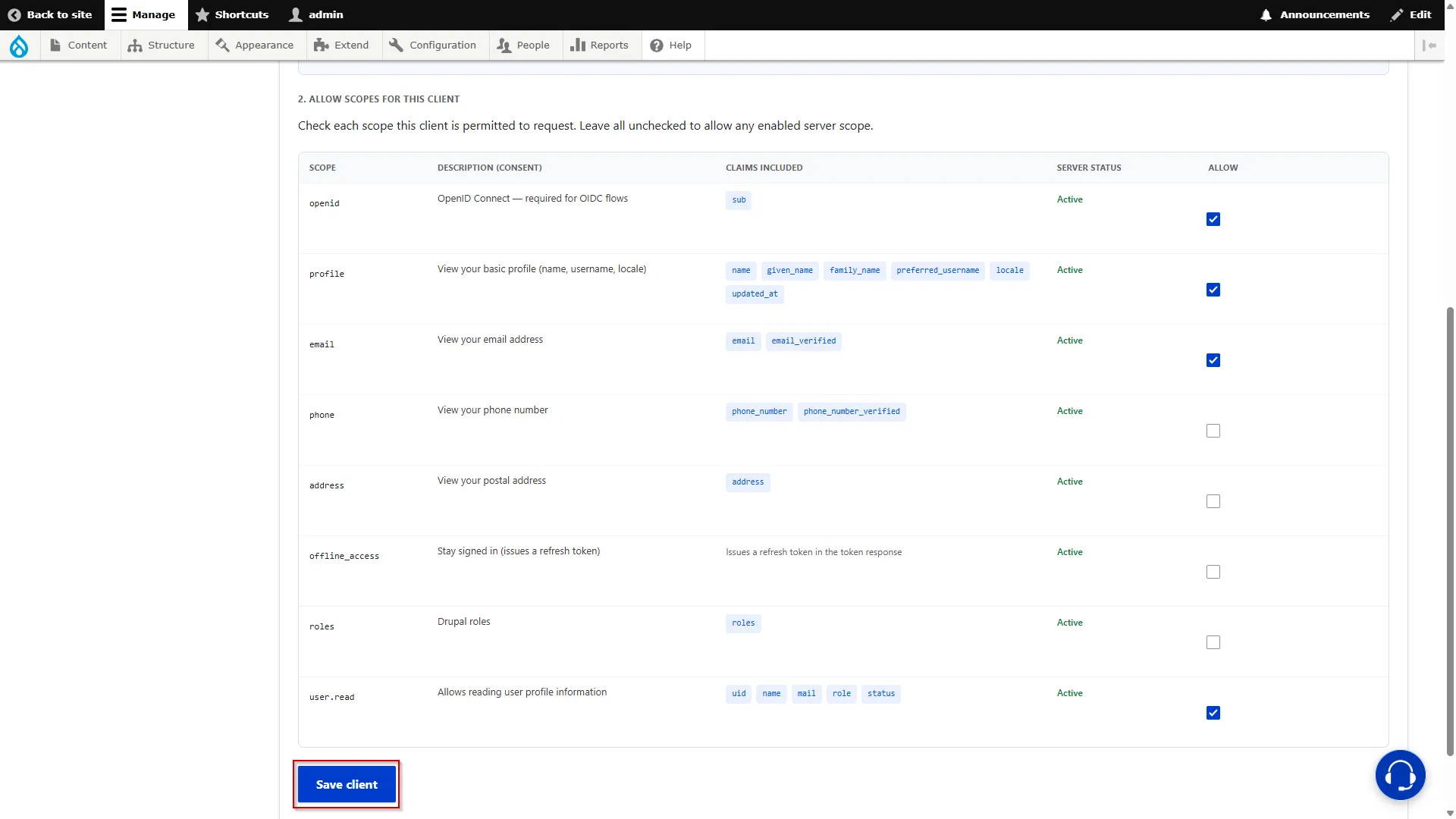 Drupal OAuth Server - Click Allow Scope and Save Client