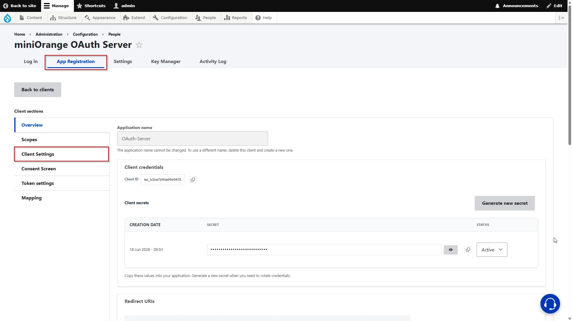 Drupal OAuth Server - Click on Client Settings from left navigation menu