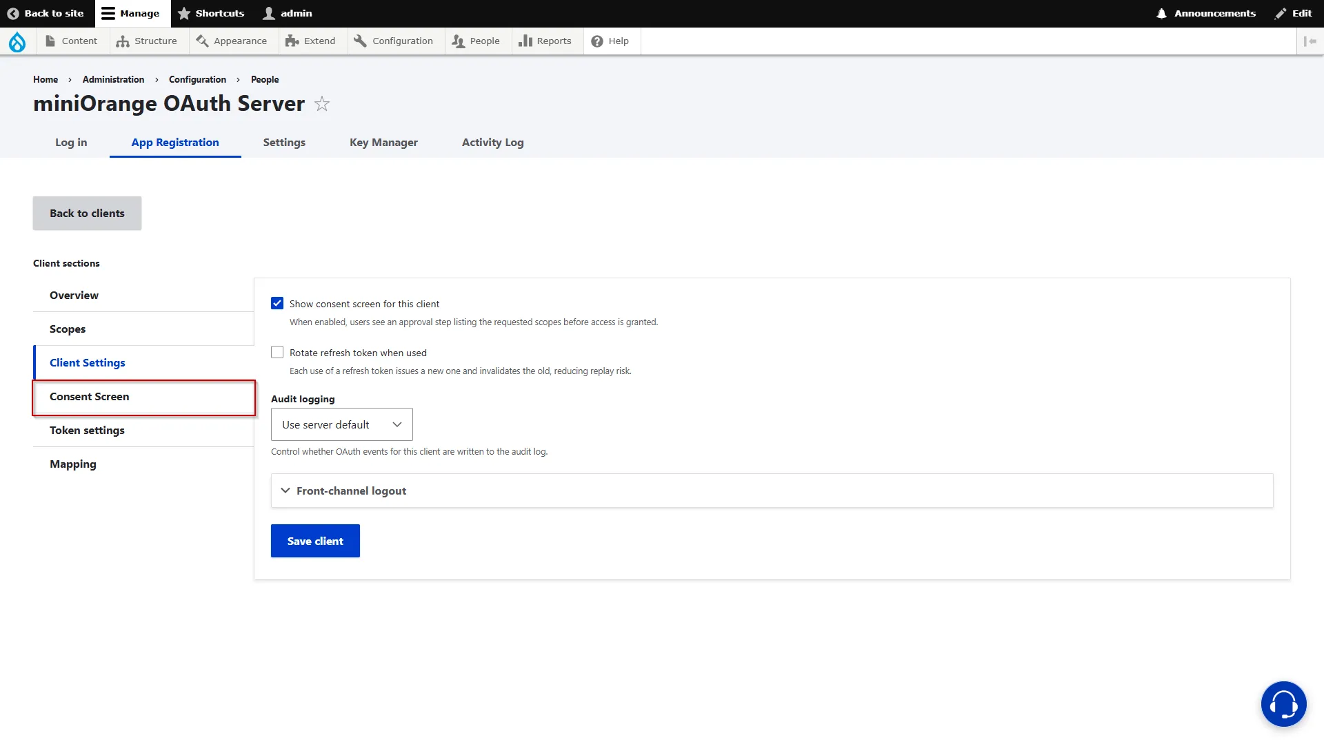 Drupal OAuth Server - Click Consent Screen from left navigation menu