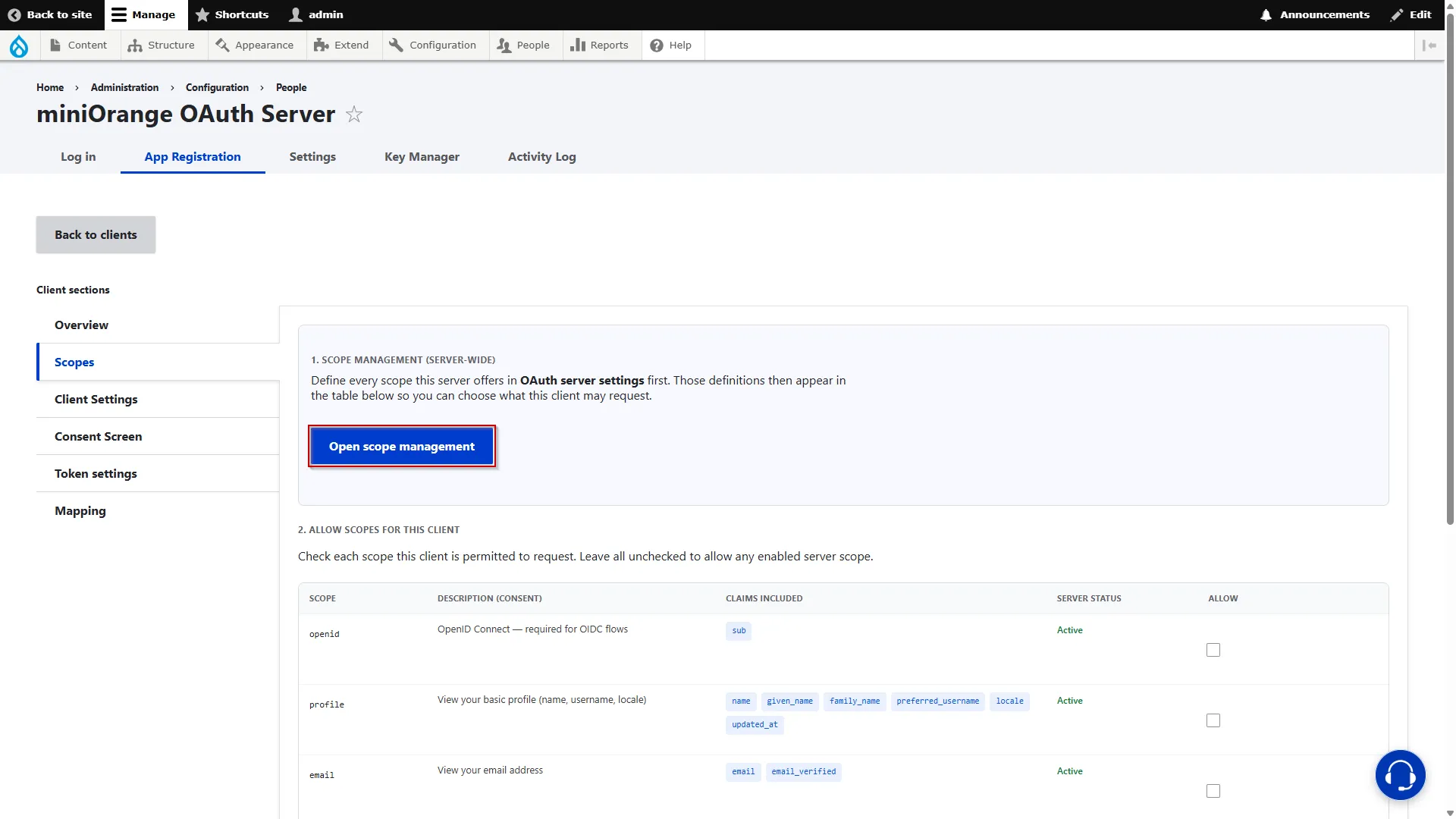 Drupal OAuth Server - Click Open Scope Management