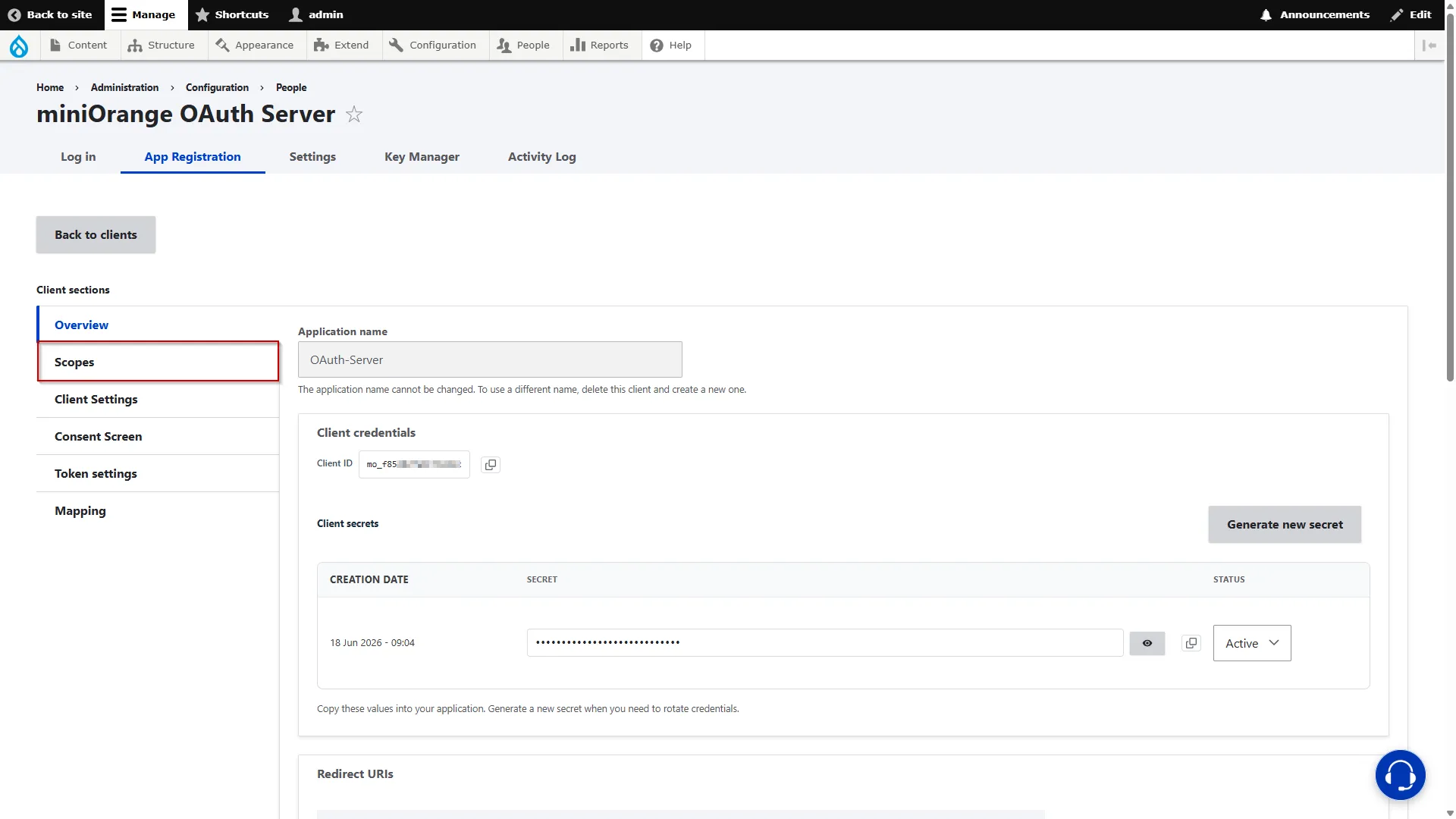 Drupal OAuth Server - Click on Scopes from left navigation menu
