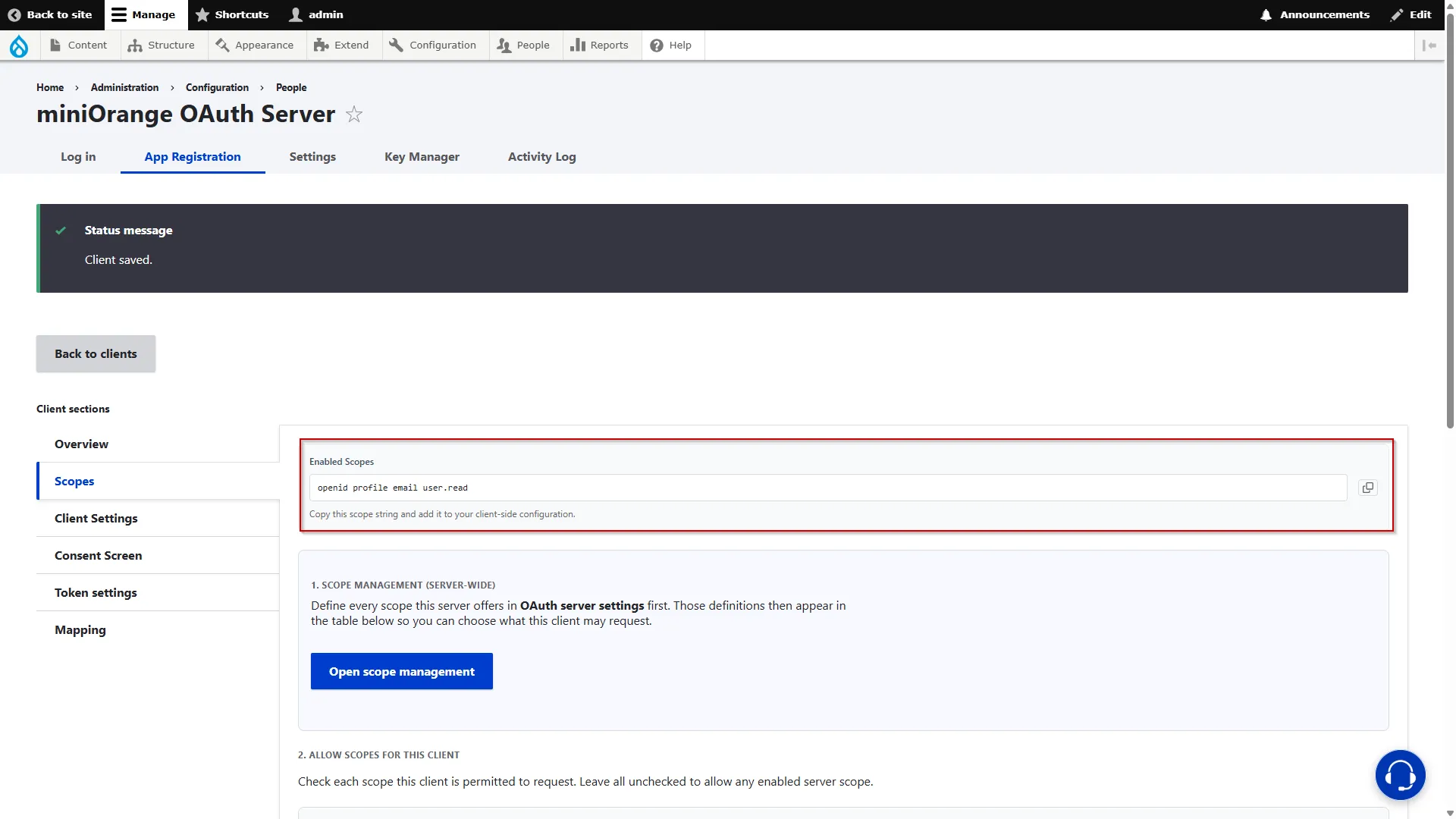 Drupal OAuth Server - Click Allow Scope and Save Client