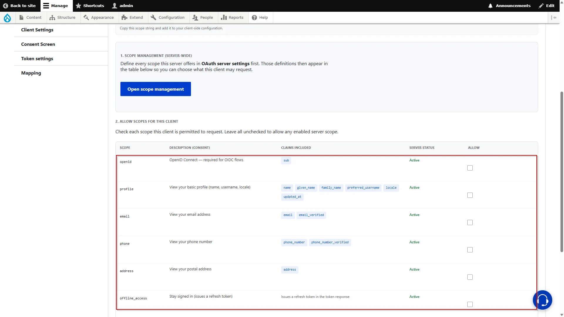 Drupal OAuth Server - Default Scopes for the Client