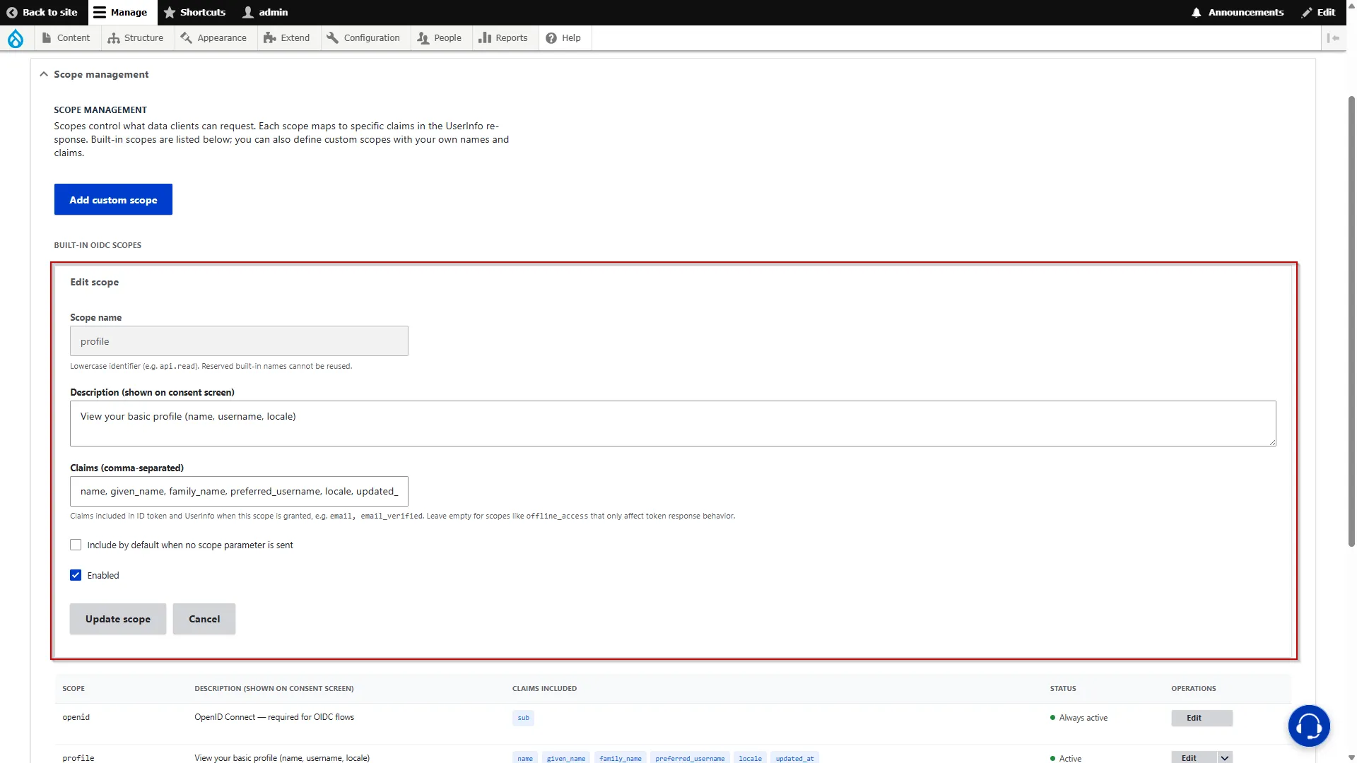 Drupal OAuth Server - Edit Scope Details and Click Update Scope