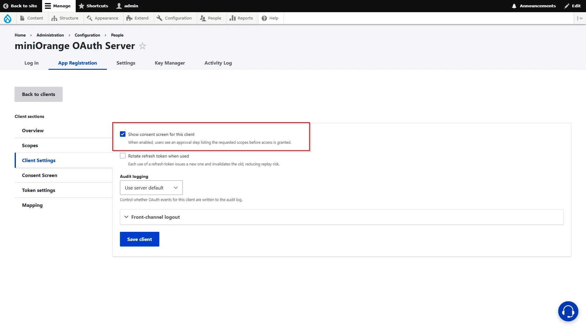 Drupal OAuth Server - Enable Consent Screen