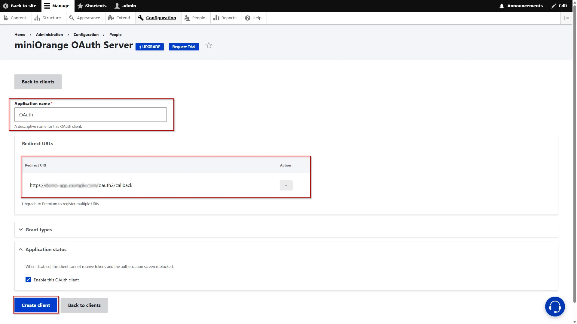 Drupal OAuth Server - enter application name and redirect URL and click create client