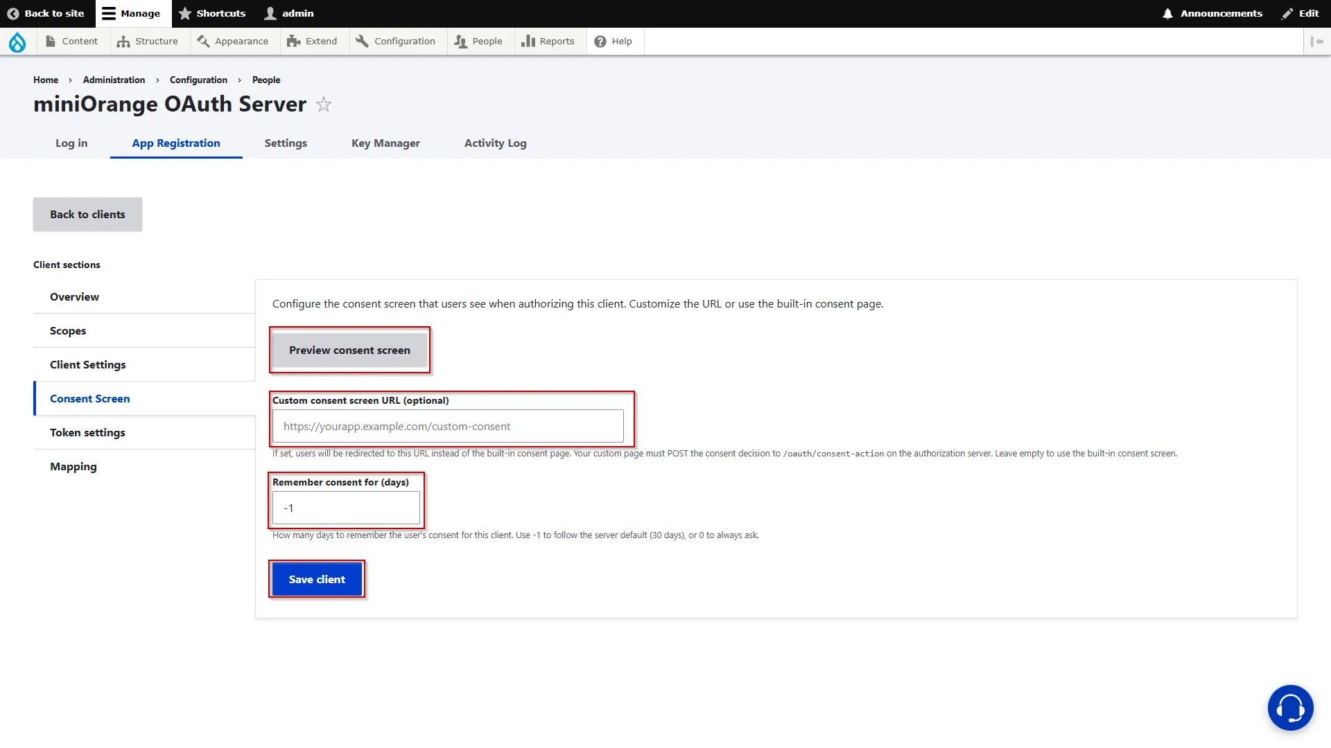 Drupal OAuth Server - Enter Consent Screen Details and Click Save Client