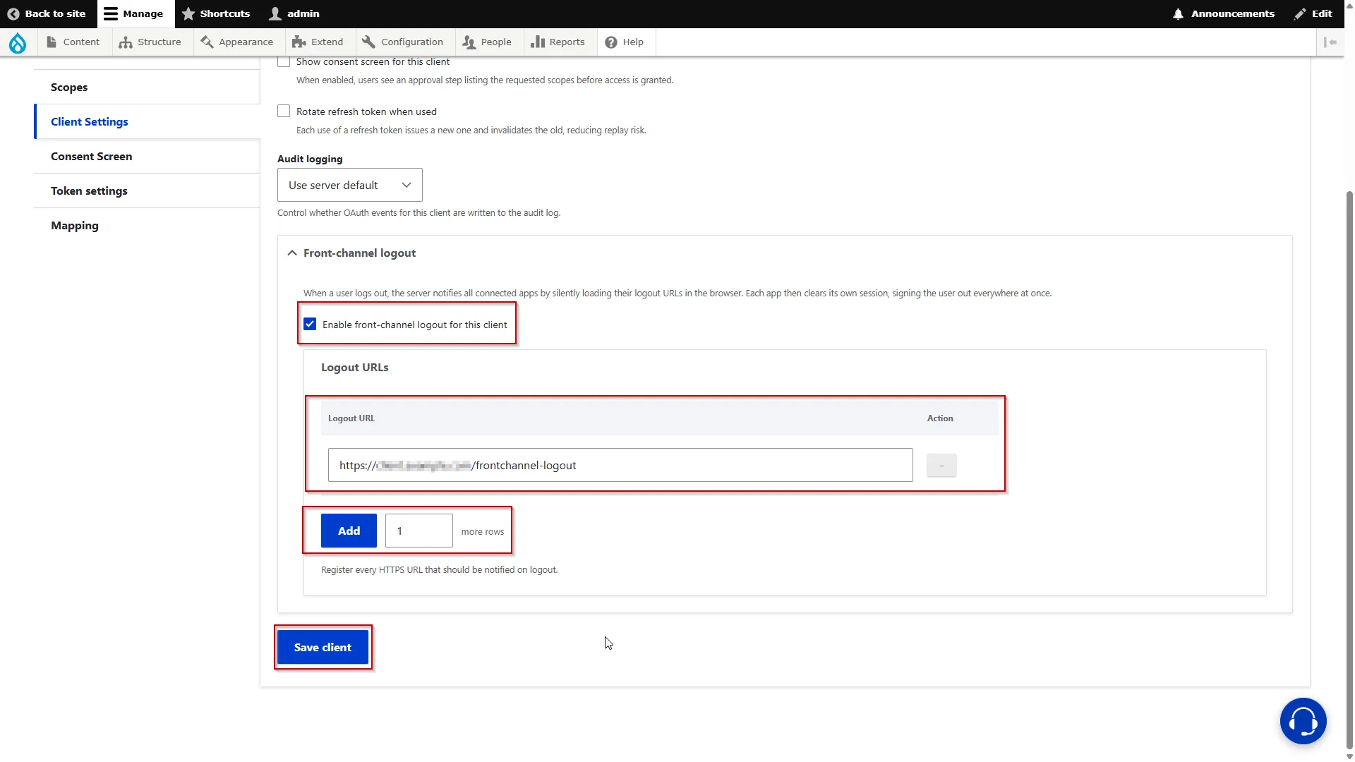 Drupal OAuth Server - Enter Front Channel Logout URLs and Click Save Client
