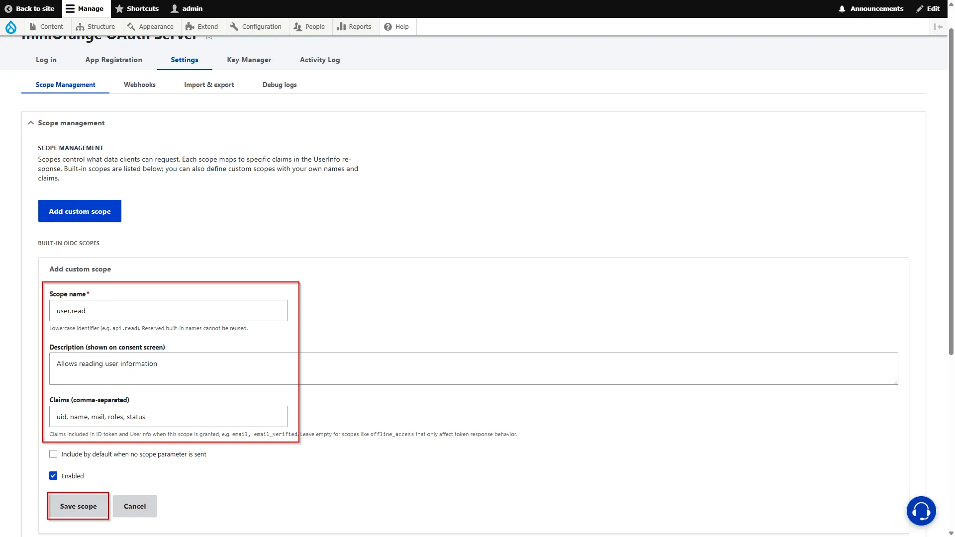 Drupal OAuth Server - Enter Scope Details and Click Save Scope
