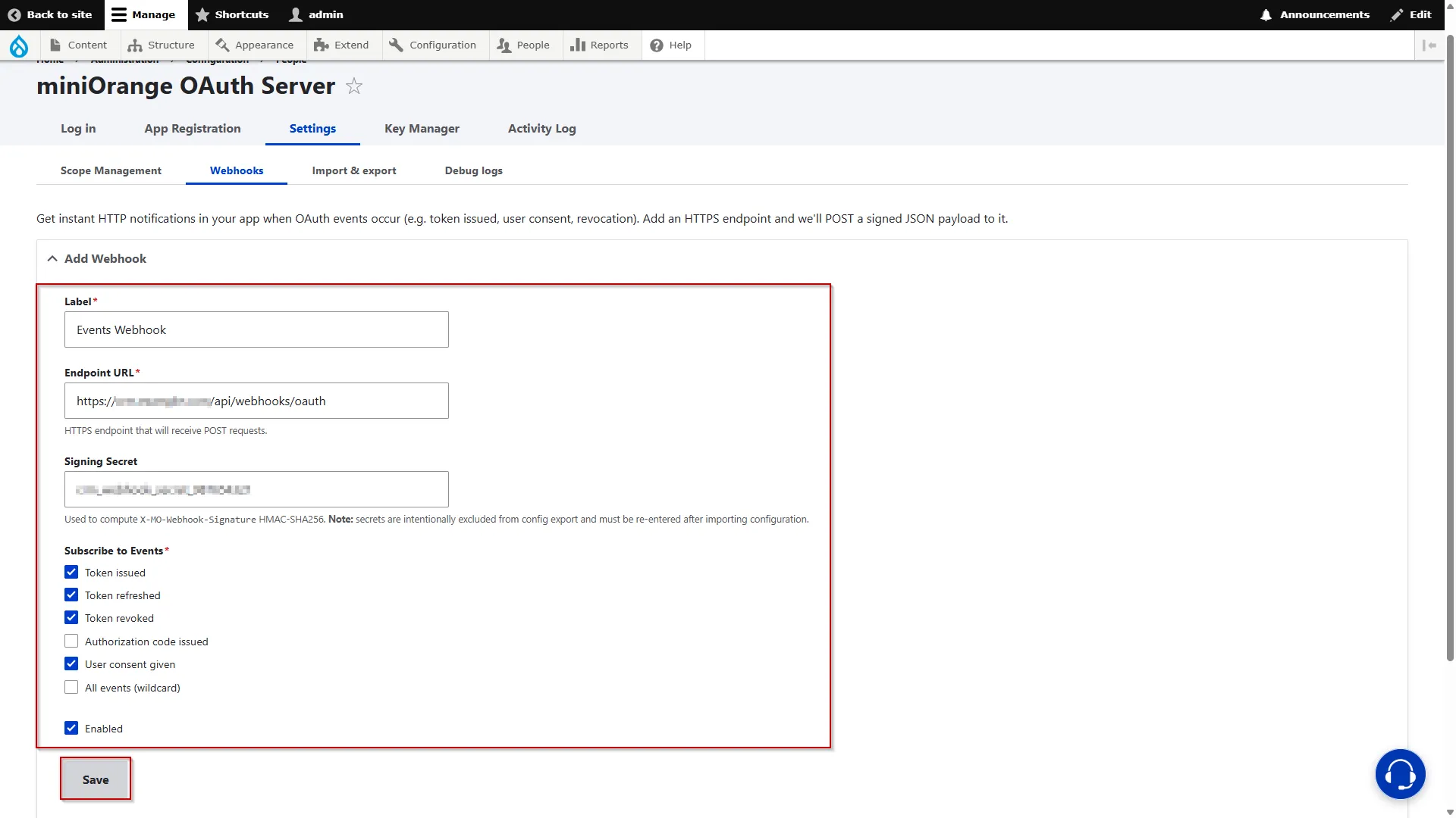 Drupal OAuth Server - Enter Webhook Details and Click Save