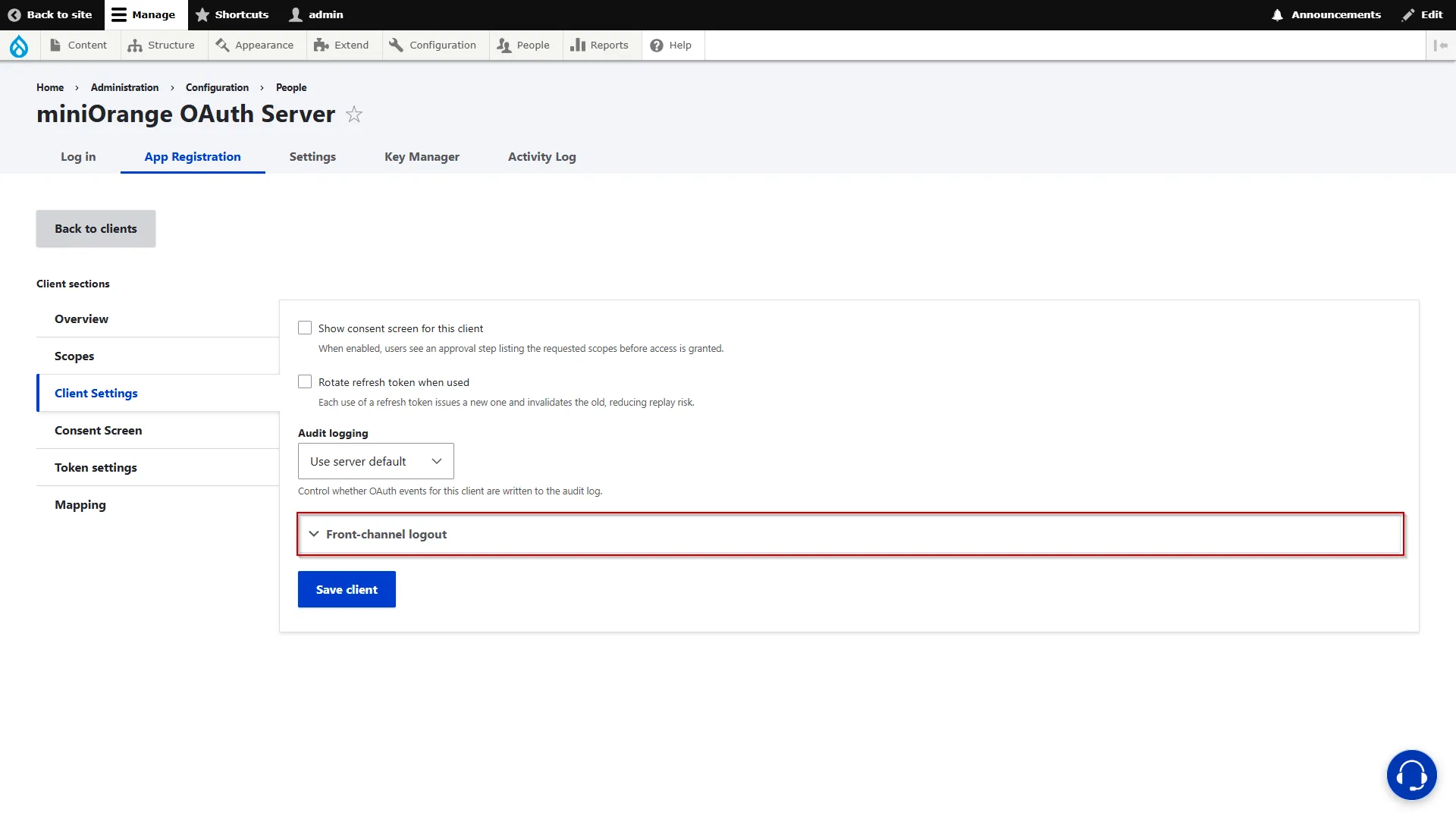 Drupal OAuth Server - Expand Front Channel Logout Section in Client Settings