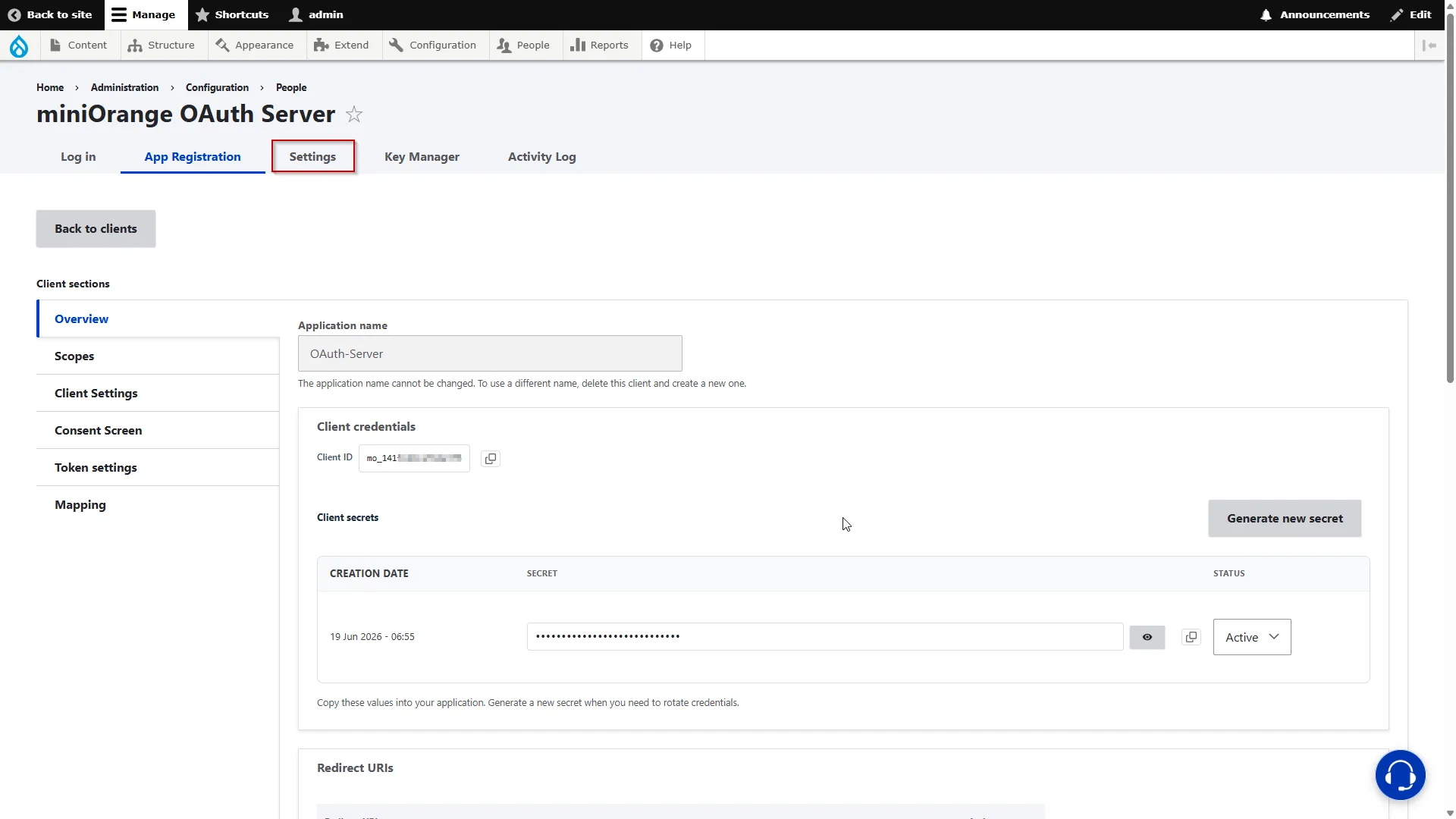 Drupal OAuth Server - Click on Settings tab