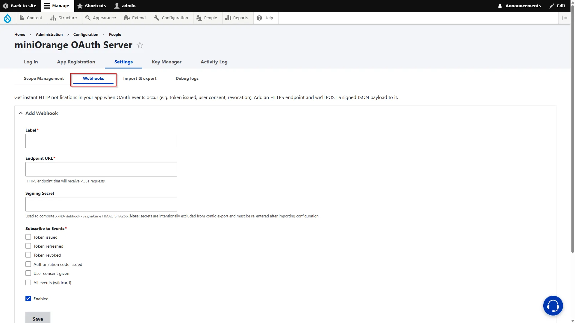 Drupal OAuth Server - Navigate to Webhooks Tab