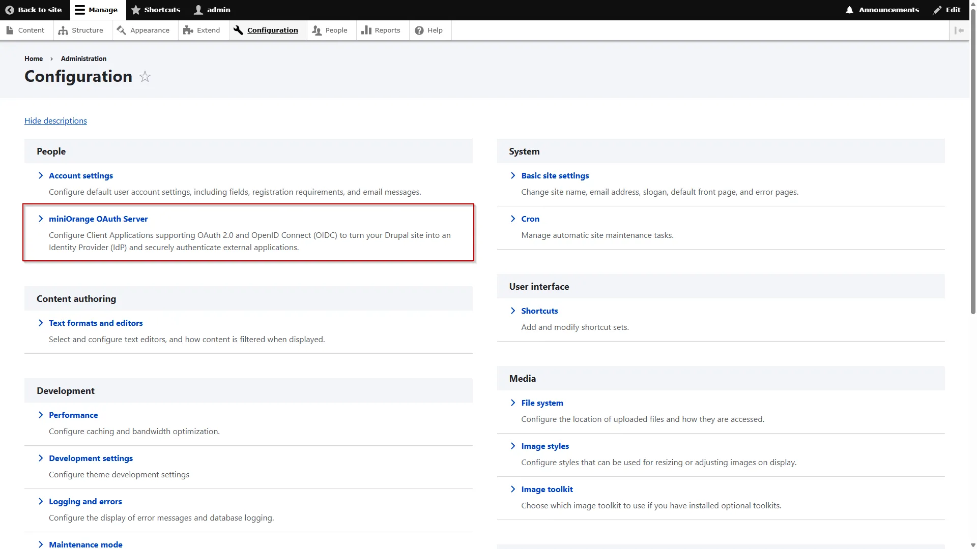 Drupal-OAuth Server - select miniorange oauth serever configuration