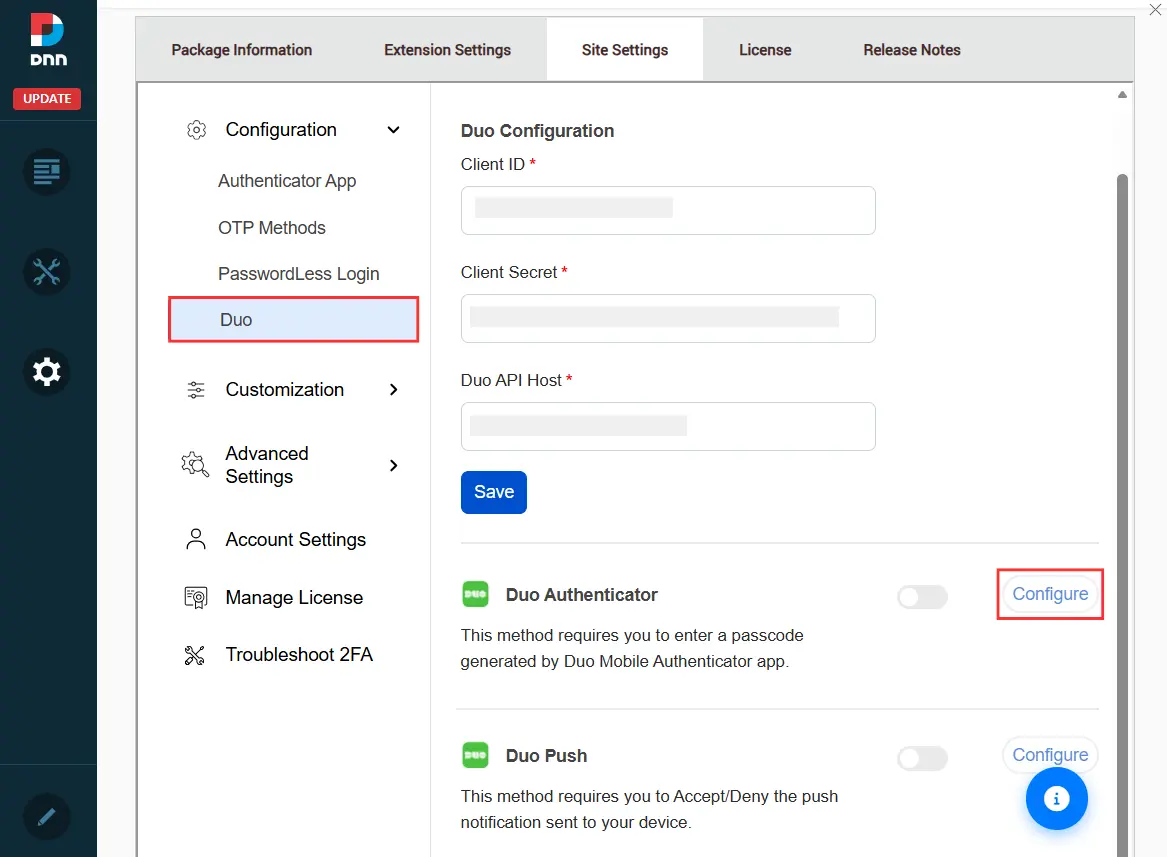 DotNetNuke Two Factor Authentication (2FA) using Duo Authenticator - Configure button