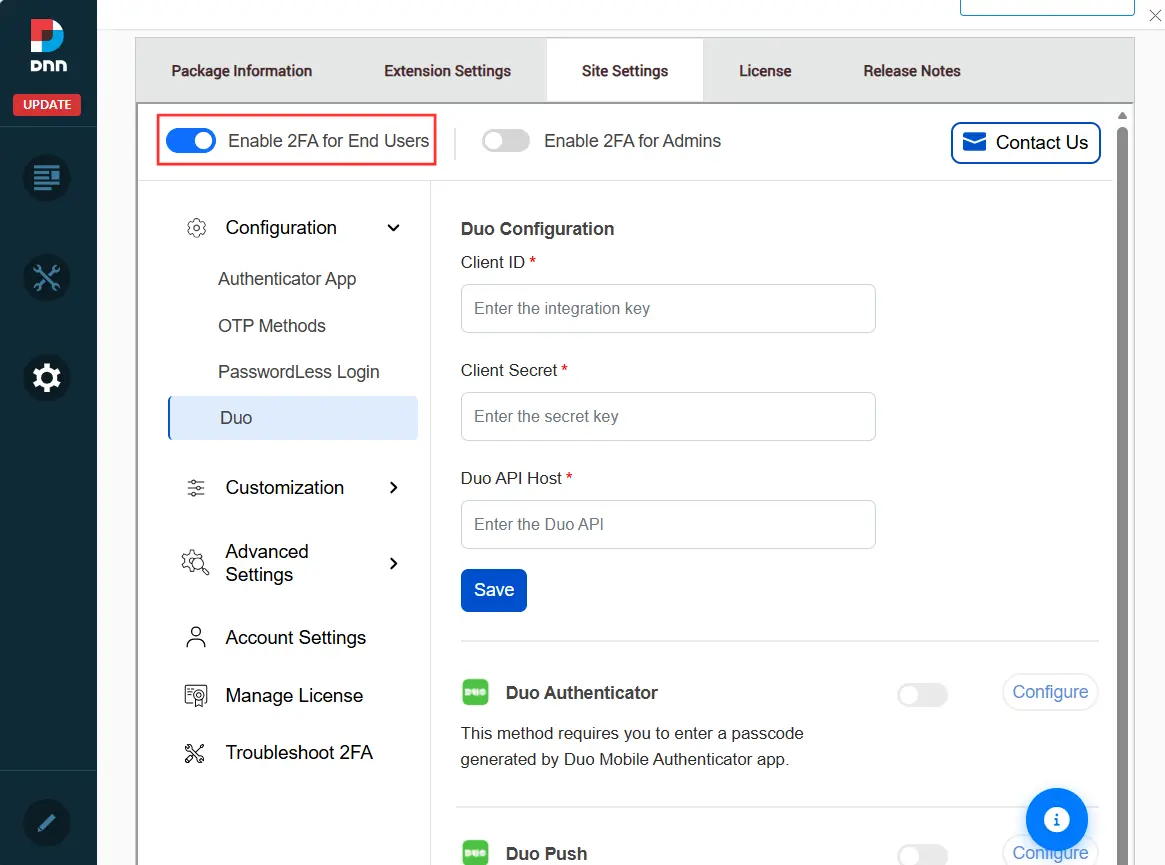 Enable 2FA for End Users