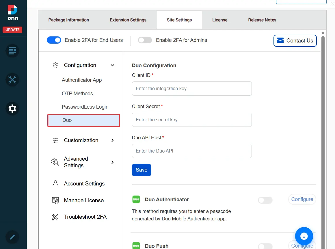 DotNetNuke Two Factor Authentication (2FA) for Duo Authentication Methods | DNN 2FA - Configure Duo