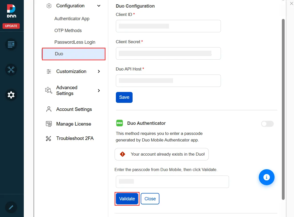 DotNetNuke Two Factor Authentication (2FA) using Duo Authenticator - Validate passcode