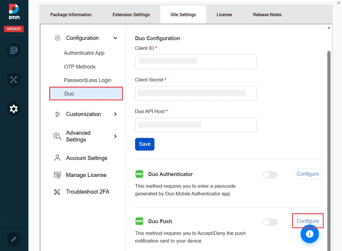 DotNetNuke Two Factor Authentication (2FA) using Duo Push Notification - Configure button