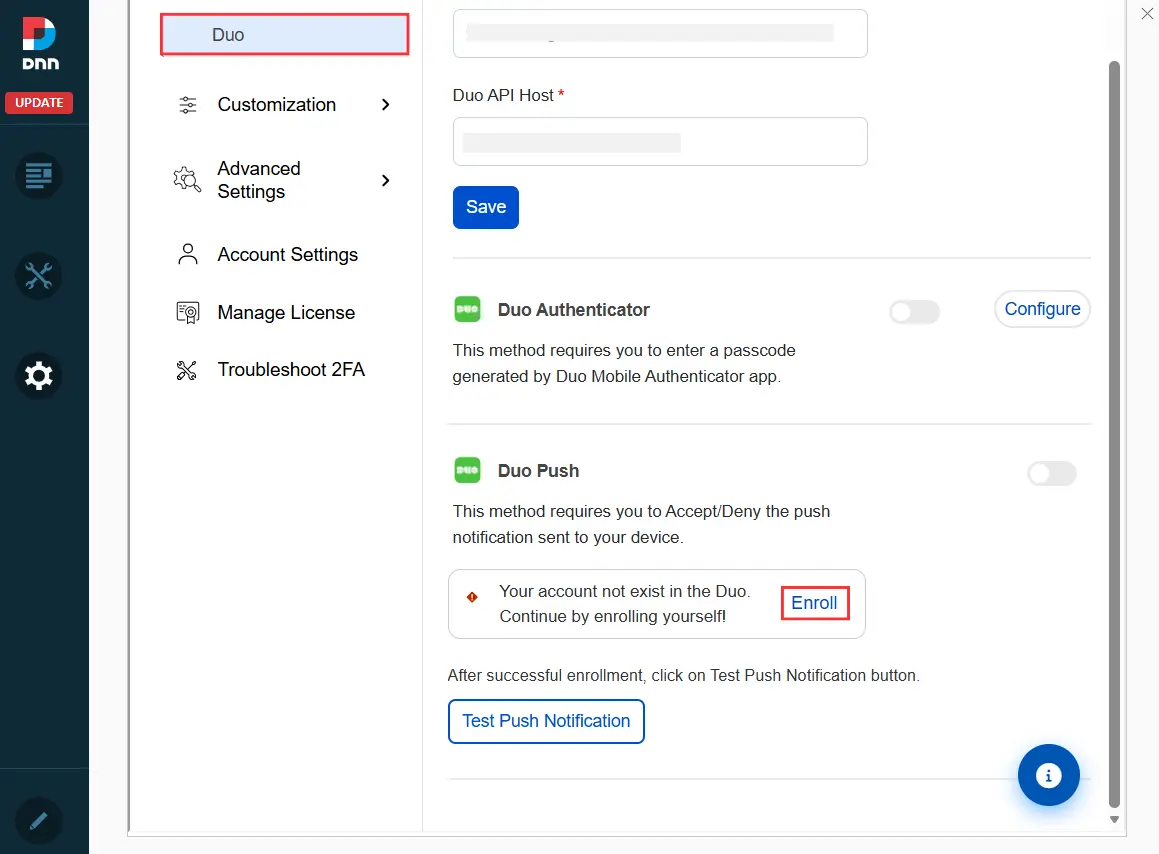 DotNetNuke Two Factor Authentication (2FA) using Duo Push Notification - Enroll