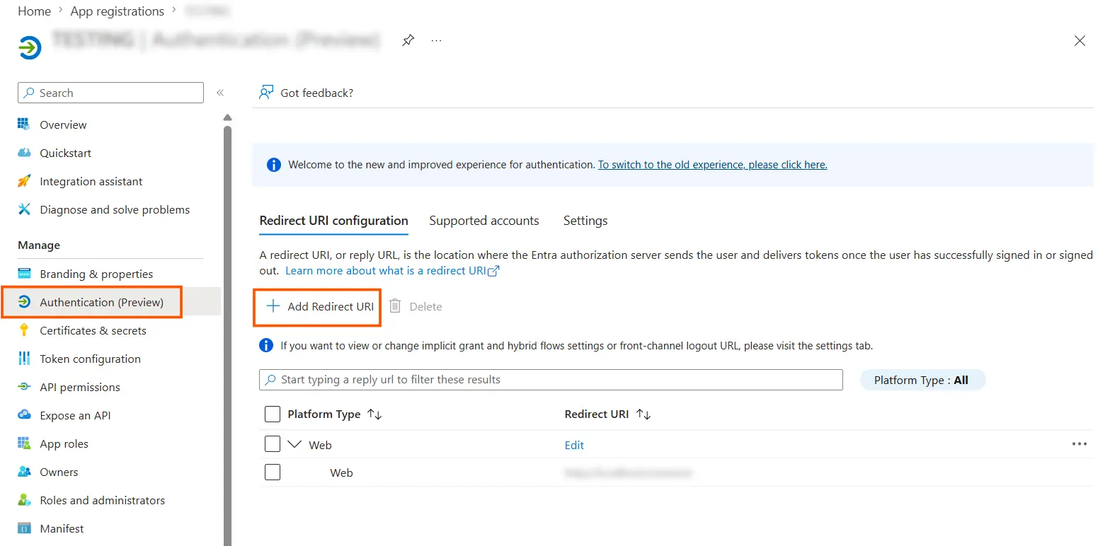 Entra External ID (CIAM) Single Sign-On (SSO) OAuth - add redirect url