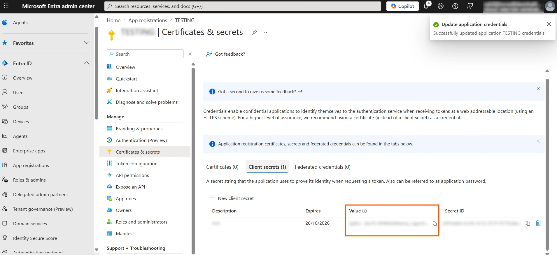 Entra External ID (CIAM) Single Sign-On (SSO) OAuth - copy client secret